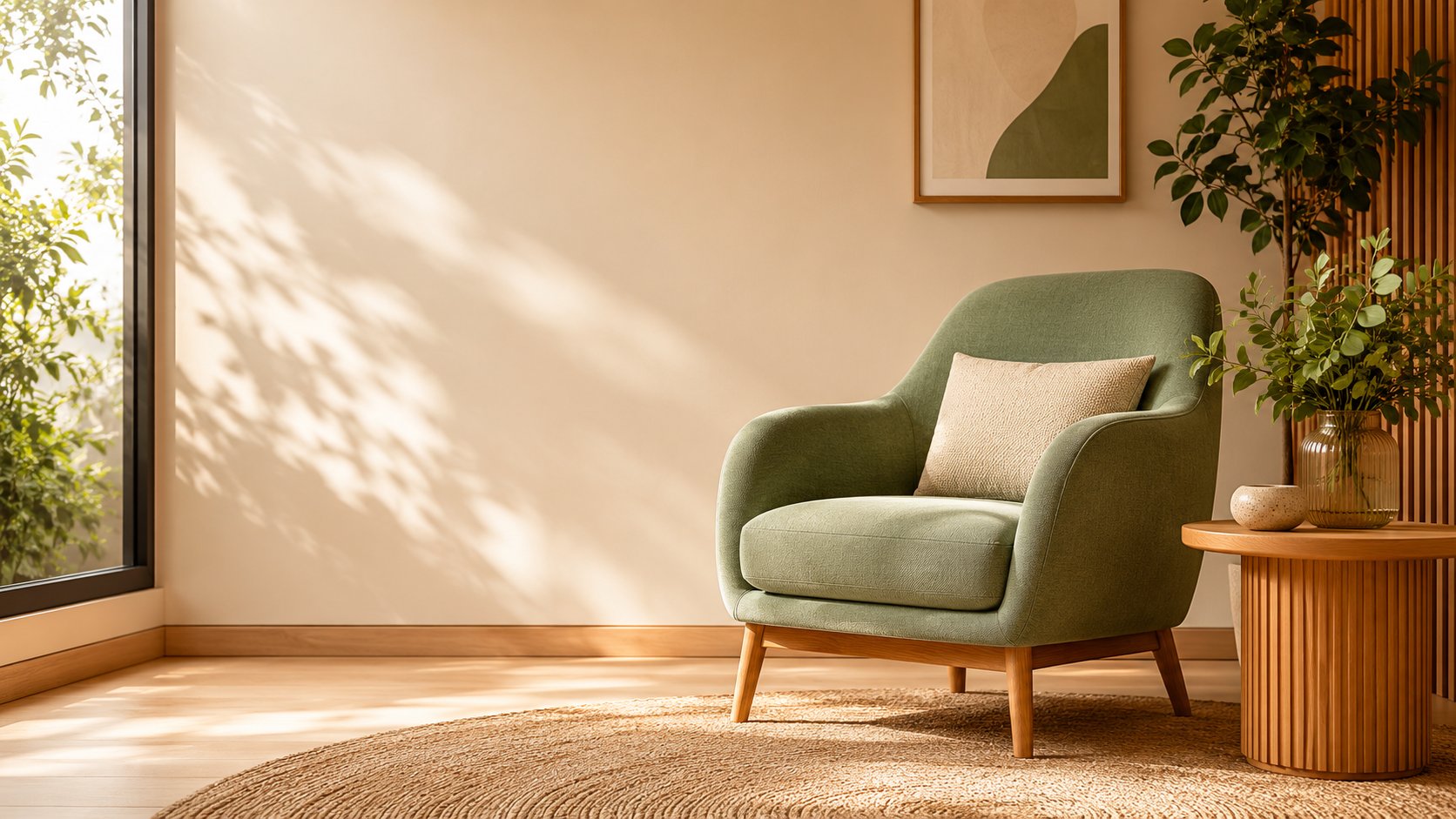 Consultório de psicologia acolhedor com poltrona verde, luz natural e plantas