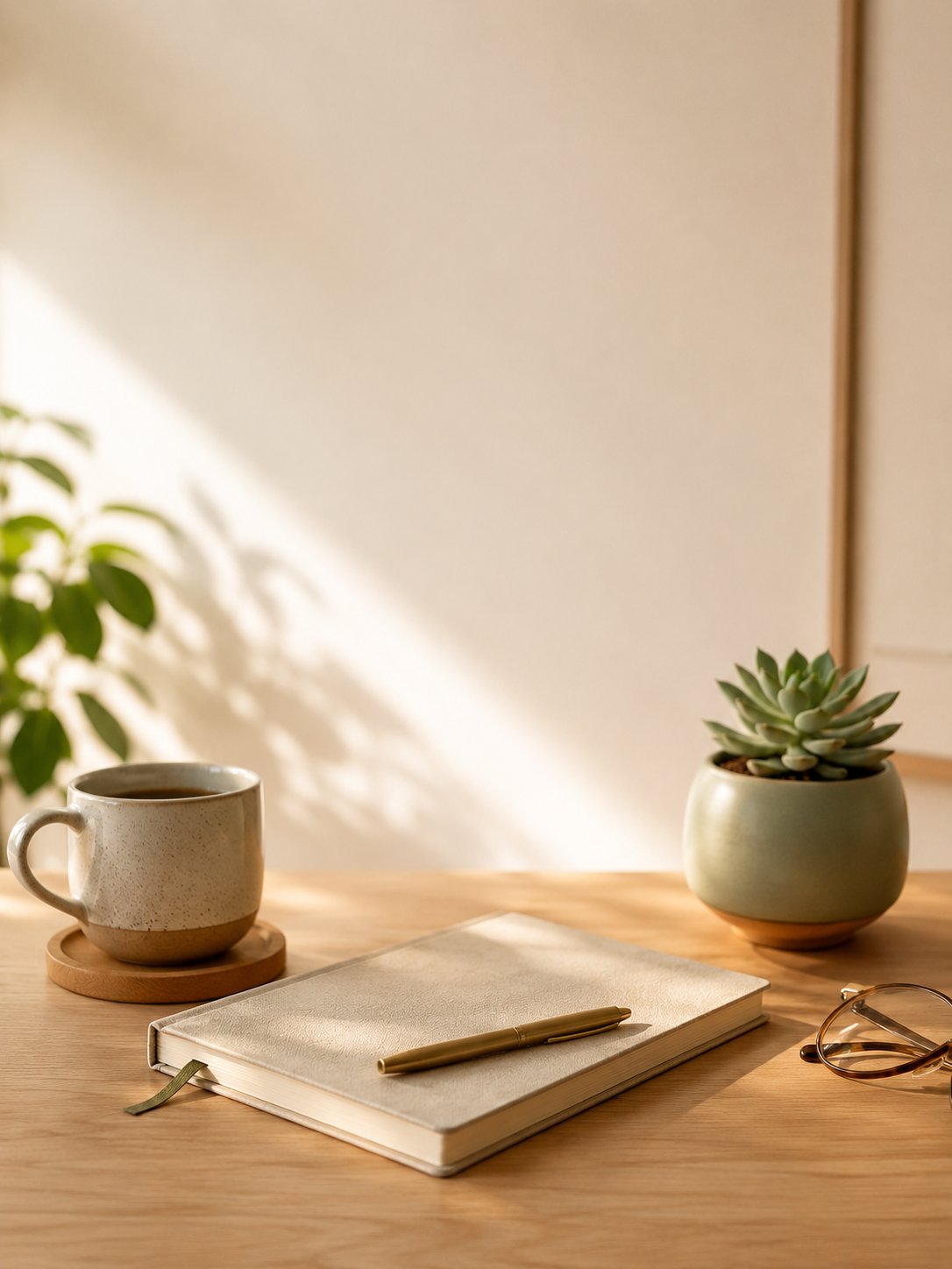 Mesa de trabalho de psicólogo com caderno, xícara e planta sob luz natural